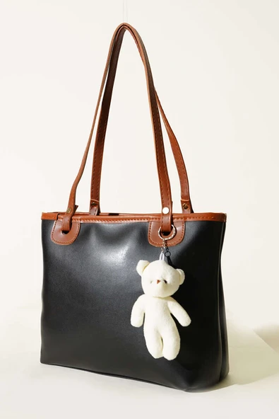 İnce Kulplu Ayıcık Aksesuarlı Çanta Siyah ürün görseli 1