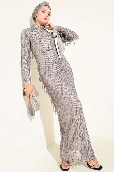 Püsküllü Pul Payet Abiye Elbise Gri ürün görseli 1