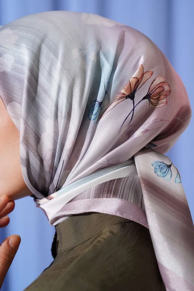 Çiçek Desen Twill Eşarp Vizon - Resim 4