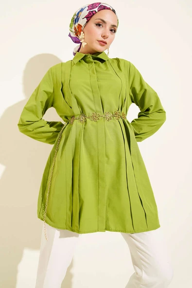 Önü Pensli İp Kuşaklı Tunik Fıstık Yeşili ürün görseli