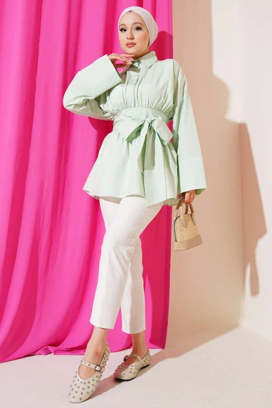 Kendinden Kuşaklı Önü Büzgülü Tunik Su Yeşili - Resim 2