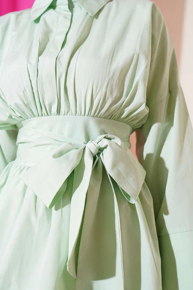 Kendinden Kuşaklı Önü Büzgülü Tunik Su Yeşili - Resim 4