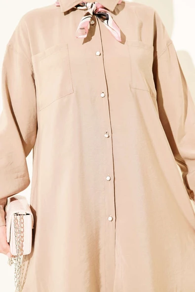 Taş Düğmeli Uzun Tunik Latte - Resim 4