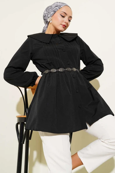 Önü Pileli Denizci Yaka Gömlek Siyah ürün görseli 1