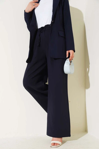 Pile Detaylı İp Kuşaklı Pantolon Lacivert ürün görseli 1