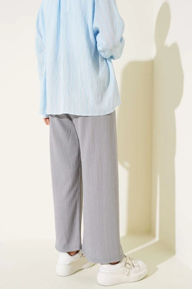 Bel İp Detaylı Bürümcük Pantolon Gri - Resim 3