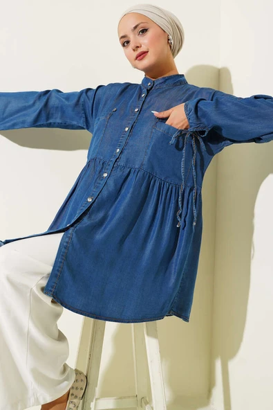 Bilek Bağcıklı Taş Düğmeli Kot Gömlek Koyu Kot ürün görseli 1