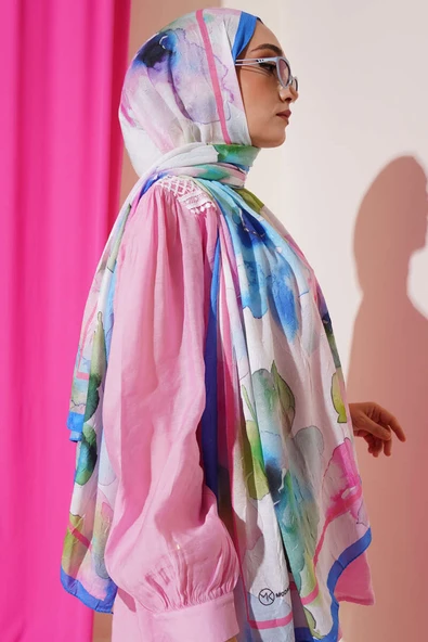 Çiçek Desenli Bambu Şal Açık Mavi - Resim 3