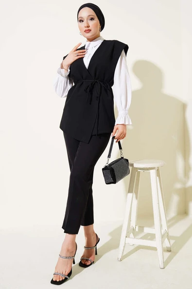 Yan Düğmeli İp Bağcıklı Yelek Siyah - Resim 2