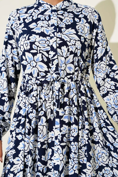 Hakim Yaka Bel Tünelli Desenli Elbise Lacivert - Resim 4