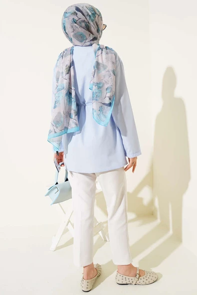 Brit Düğmeli Kuşaklı Terikoton Gömlek Mavi - Resim 3