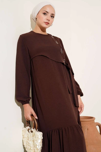 Taşlı Kuş Gözü Detaylı Bağlamalı Elbise Kahve - Resim 2