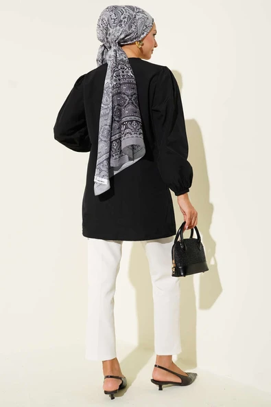 Önü Büzgülü Bağcıklı Gömlek Siyah - Resim 3