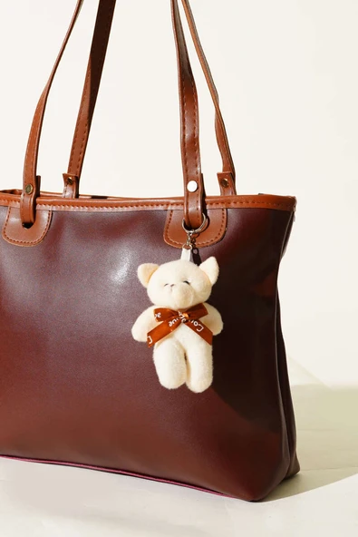 İnce Kulplu Ayıcık Aksesuarlı Çanta Kahve - Resim 3