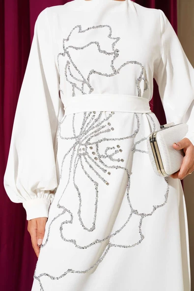 Çiçek Taş Süslemeli Abiye Elbise Beyaz - Resim 4