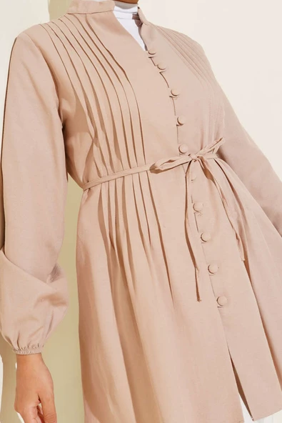 Önü Pileli Terikoton Gömlek Bej - Resim 4