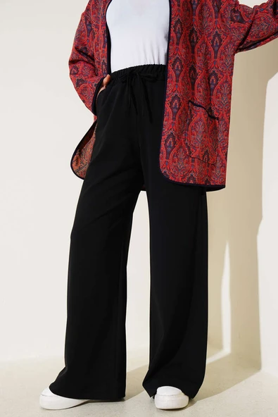 Bel Lastikli Bol Paça Pantolon Siyah ürün görseli 1