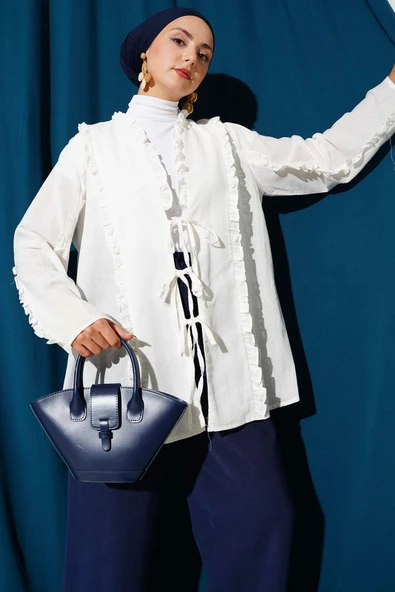 Fırfır Detaylı Kimono Ekru