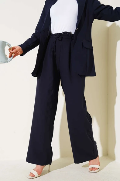 Pile Detaylı İp Kuşaklı Pantolon Lacivert - Resim 2