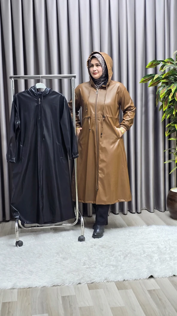 Kadın Büyük Beden Kapşonlu Fermuarlı Suni Deri Tesettür Kap Su Geçirmez Dış Giyim - Resim 2