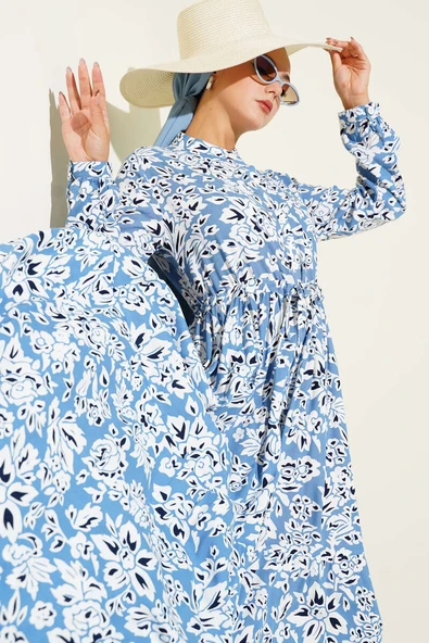 Hakim Yaka Bel Tünelli Desenli Elbise Mavi - Resim 2