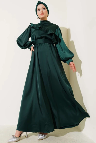Önü Fırfır Detaylı Saten Abiye Elbise Zümrüt - Resim 2