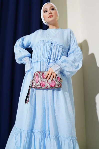 Büzgü Detaylı V Yaka Keten Elbise Mavi - Resim 2