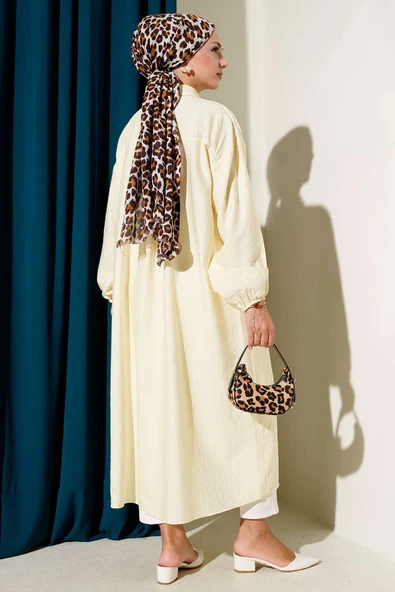 Tahta Düğmeli Uzun Tunik Sarı - Resim 3