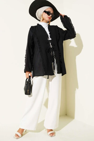 Fırfır Detaylı Kimono Siyah - Resim 2
