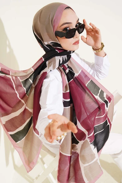 Geometrik Desenli Soft Şal Gül Kurusu - Resim 2