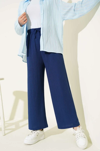 Bel İp Detaylı Bürümcük Pantolon Indıgo - Resim 2