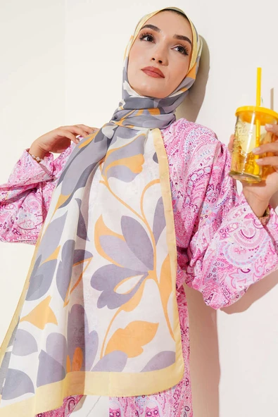 Menekşe Desen Soft Şal Sarı - Resim 2