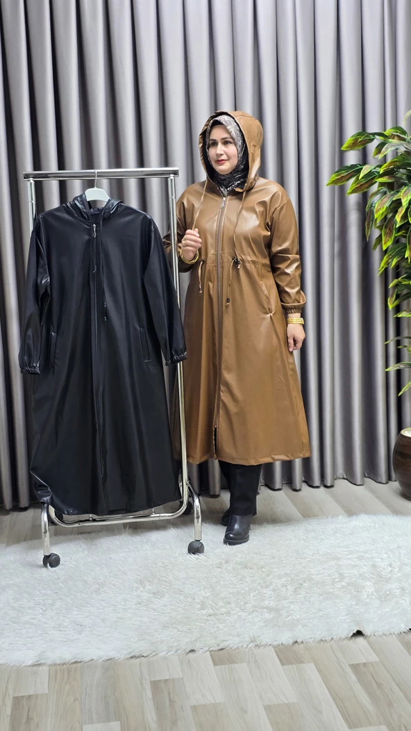 Kadın Büyük Beden Kapşonlu Fermuarlı Suni Deri Tesettür Kap Su Geçirmez Dış Giyim ürün görseli 1