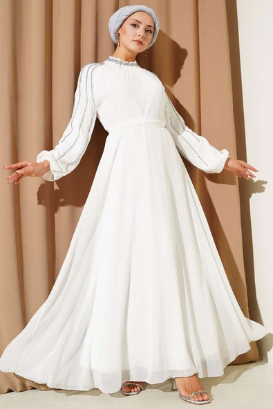 Şifon Kolları Taşlı Abiye Elbise Beyaz ürün görseli 1