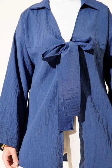 Kalın İp Bağcıklı Kimono Lacivert - Resim 4