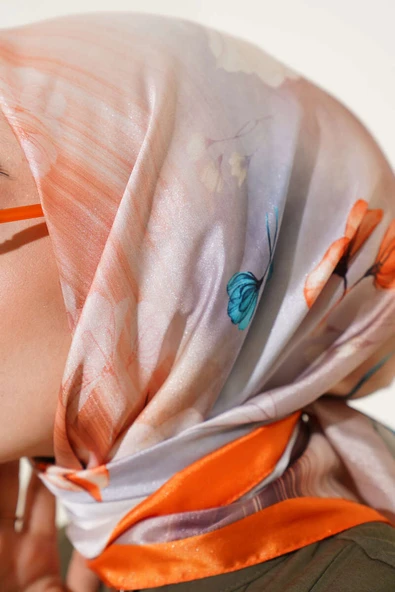 Çiçek Desen Twill Eşarp Oranj - Resim 4