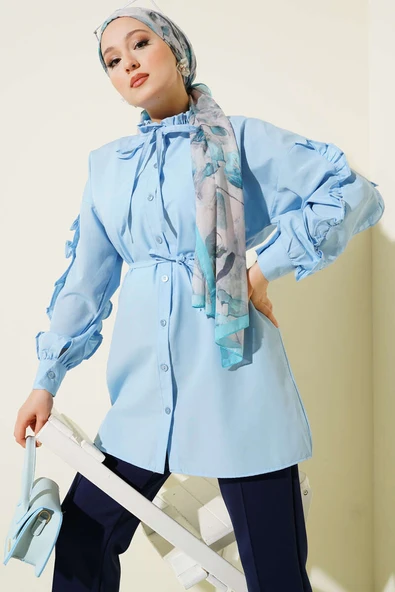 Kol Fırfırlı İp Kuşaklı Gömlek Bebe Mavi ürün görseli 1