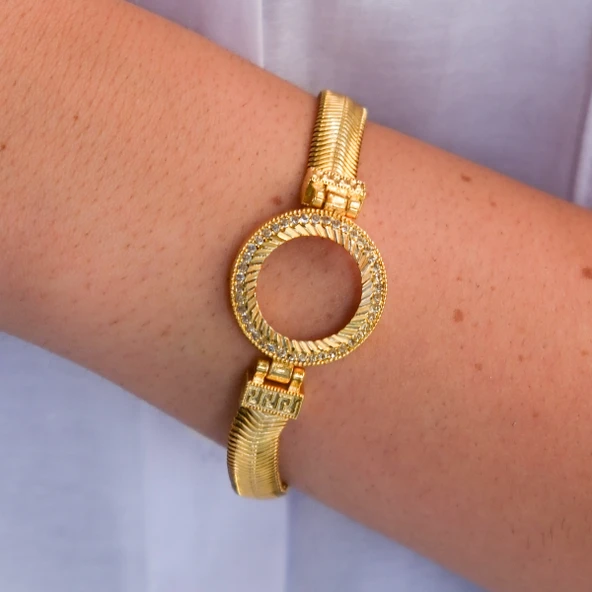 Altın Kaplama İmitasyon Zirkon Taşlı İtalyan  Çeyrek Çerçeve Bileklik BLK-1172 - Resim 2