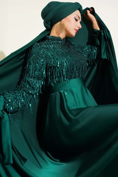 Pul Payet Kolları Bağlamalı Abiye Elbise Yeşil ürün görseli 1