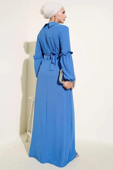 Ayrobin Kol Büzgülü Elbise Saks - Resim 3