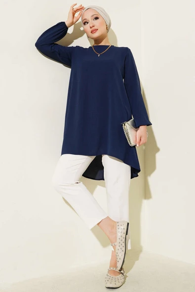 Bisiklet Yaka Biyeli Ayrobin Tunik Lacivert - Resim 2
