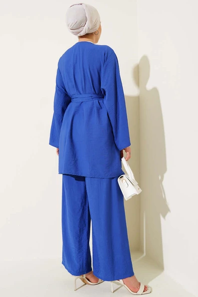 Mini Taş Süslemeli Kimono İkili Takım Saks - Resim 3