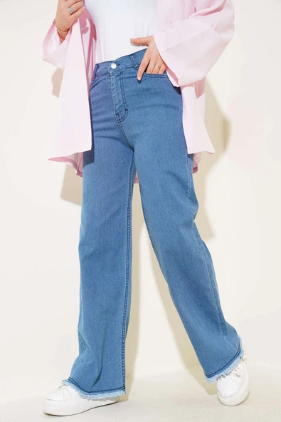 Kuşaklı Geniş Paça Kot Pantolon Orta Mavi ürün görseli 1