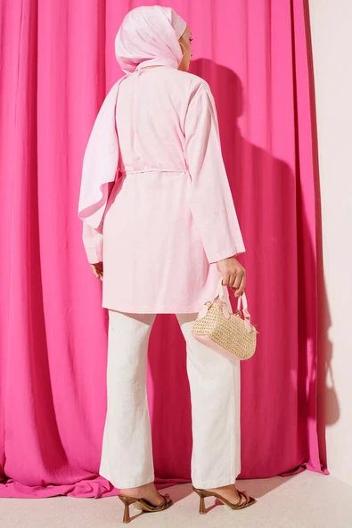 Önü Düğme Detaylı Keten Tunik Pembe - Resim 3