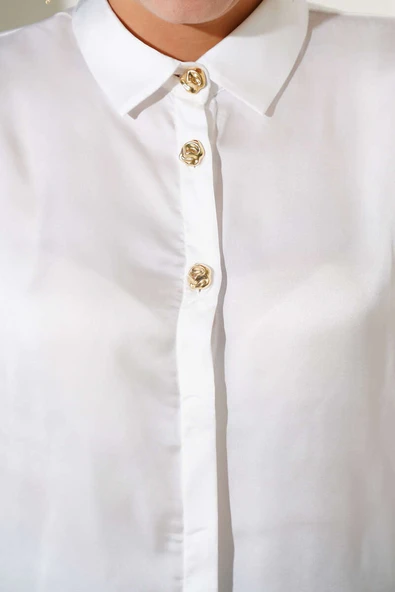 Gold Düğmeli Saten Gömlek Beyaz - Resim 4