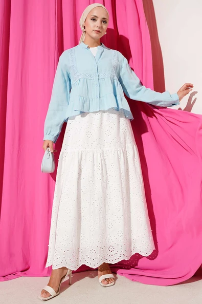 Dantel Detaylı Kısa Bluz Mavi - Resim 2