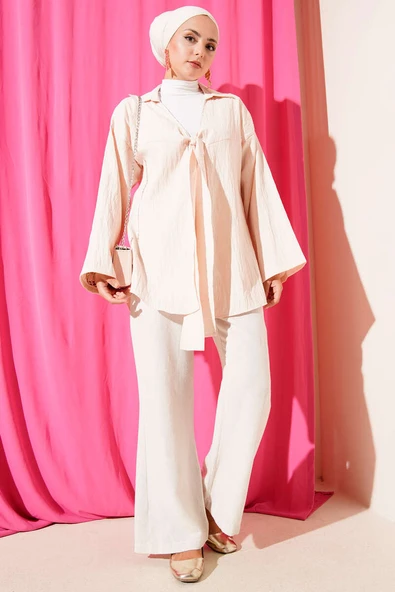 Kalın İp Bağcıklı Kimono Bej - Resim 2