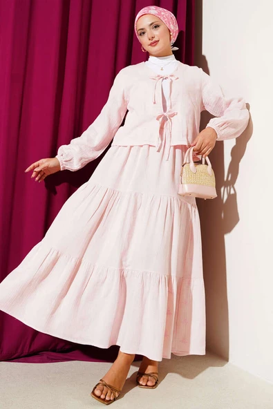 Çiçekli Yaprak Nakışlı Etekli İkili Takım Pembe ürün görseli 1