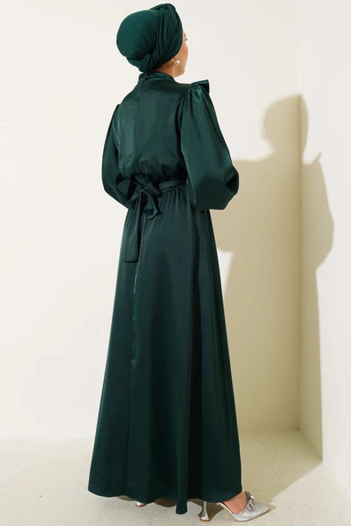Önü Fırfır Detaylı Saten Abiye Elbise Zümrüt - Resim 3