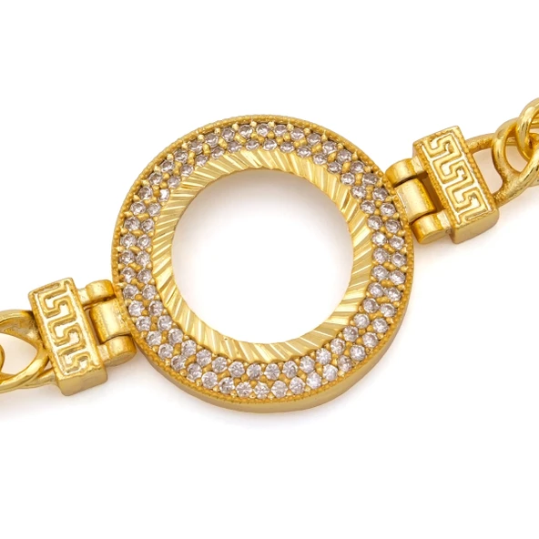 Altın Kaplama İmitasyon 2 Sıra Zirkon Taşlı Zincirli Çeyrek Çerçeve Bileklik BLK-1163 - Resim 4